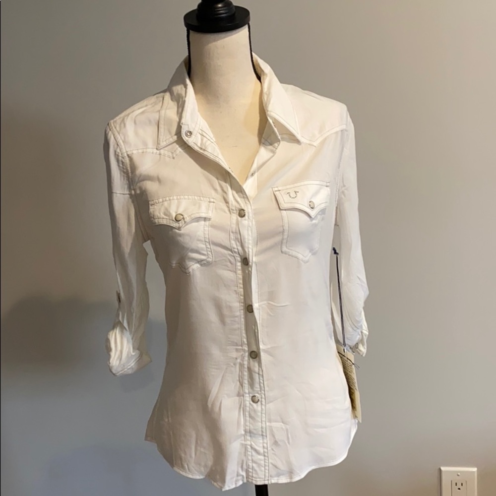 White True Religion Button-up w/ Swarovski Crystal